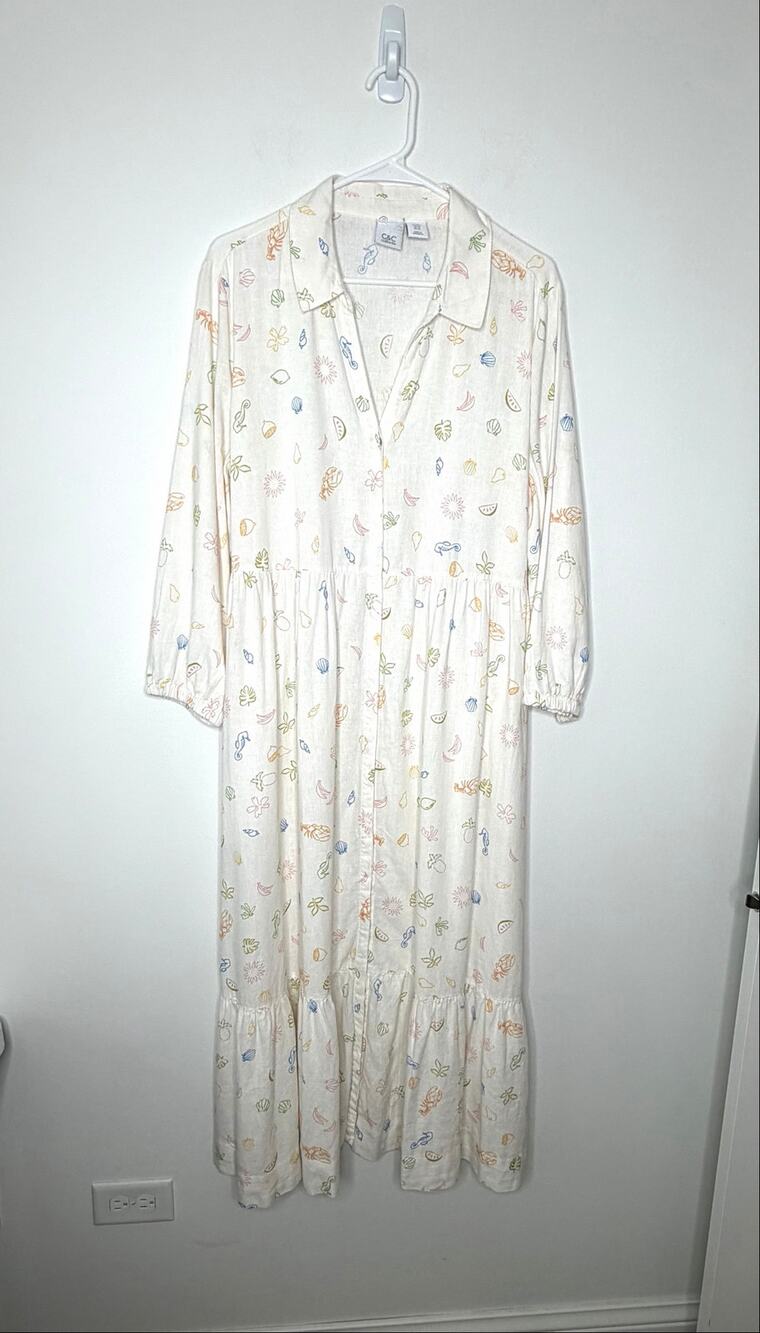 C&C Californina Linen Blend Maxi Dress Sz Pastel Coastal Beach Print Tie Back